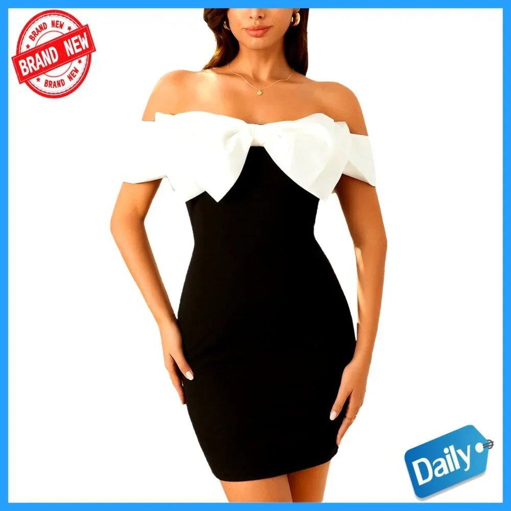 Off Shoulder Mini Dress with Bow Front Bodycon Fit Short Sleeve